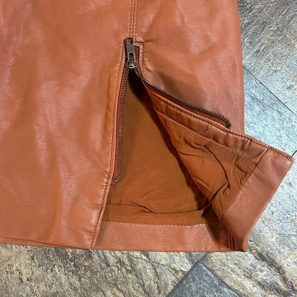 NWT Free People Faux Leather Mini Skirt Zip Slit Brown Festival Chic - Picture 6 of 12